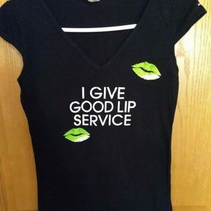 Pucker VODKA Women's tee shirt  I GIVE GOOD LIP SERVICE Black cap sleeves